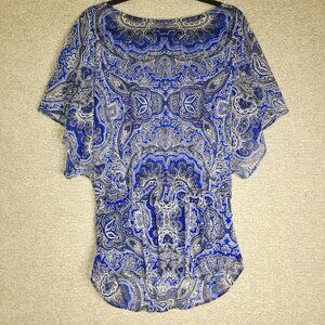 INC Blue Paisley Sheer Blouse Womens Size L